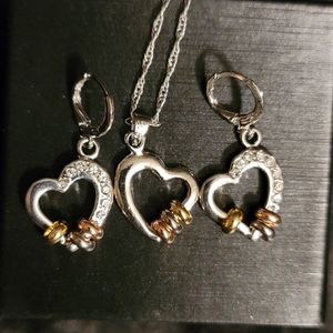 New .925 Sterling Silver Austrian Crystal Heart Earring & Necklace Heart Pendant